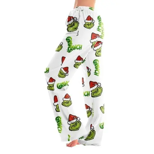 Produktbild: 𝑮𝒓𝒊𝒏𝒄𝒉 Leggings Weihnachten Wollhose Damen Jogginghose Baumwolle Winterhosen Damen Pyjama Damen Baumwolle Pyjama Herren Baumwolle Pajamas Samthose Damen Hose Weites Bein Damen Weihnachts Weiß L